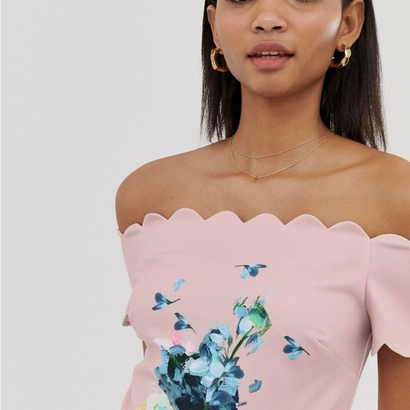 NWT Ted Baker Dress Raspbery Bardot Skater  size:5,  light pink,  painted flower - Picture 4 of 11